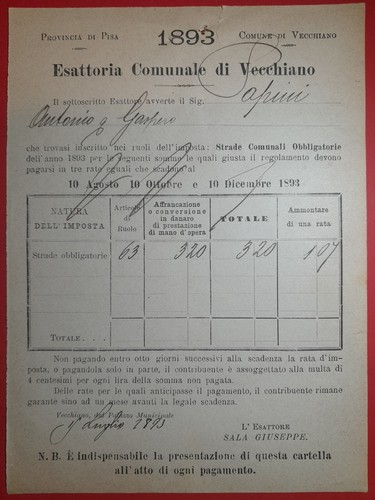 Vecchiano 1893 tassa per - 1893,